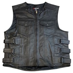 Mens Motorcycle Black Real Leather Vest 2 front Pockets